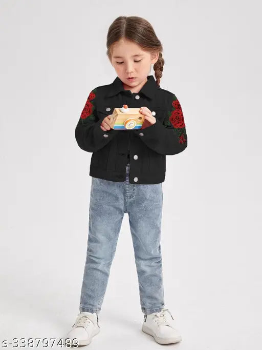 Black kids solid denim regular washed jacket for girls, cotton blend three-quarter sleeves, solid pattern for 11-12 years old girls