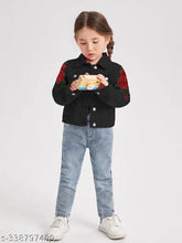 Black Kids Solid Denim Regular Washed Jacket for Girls - Cotton blend, three-quarter sleeves, solid pattern, size 11-12 years (India origin)