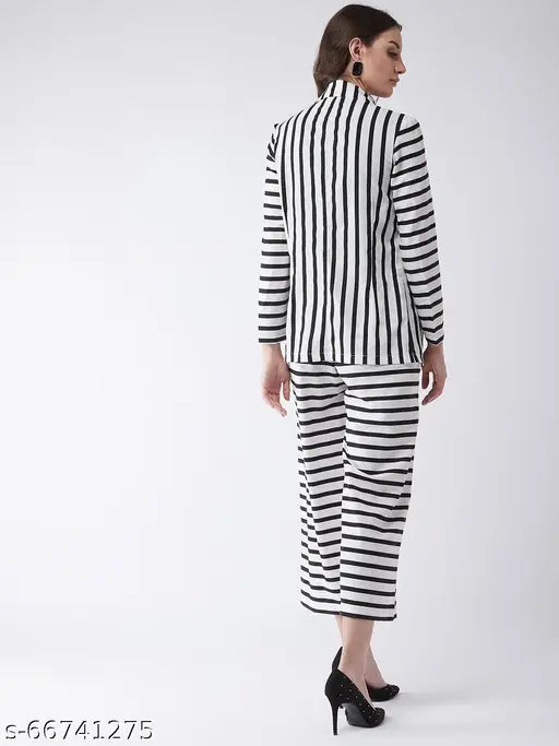 Polyester striped jumpsuit with blazer for women, Indian-made fashion for XS, M, L sizes