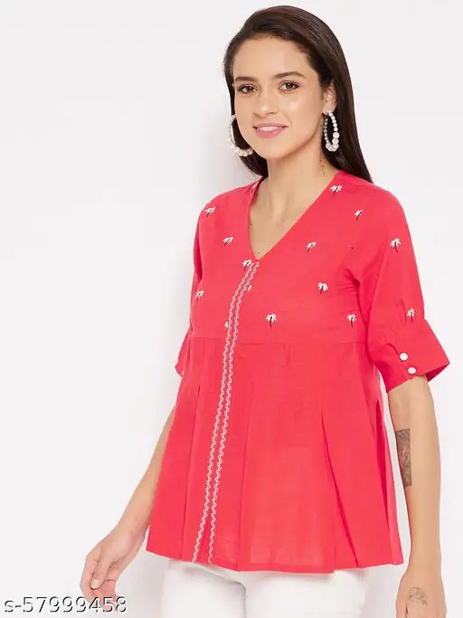 WineRed women's peach floral embroidered puff sleeves top, short sleeve cotton blouse for office or casual wear, soft and lightweight