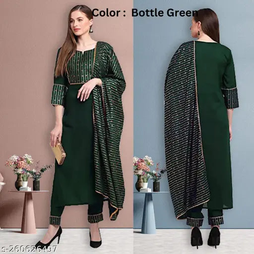 Cotton-blend women's kurta pant set with dupatta, solid color, three-quarter sleeves. Indian-origin traditional clothing for ladies, single size available