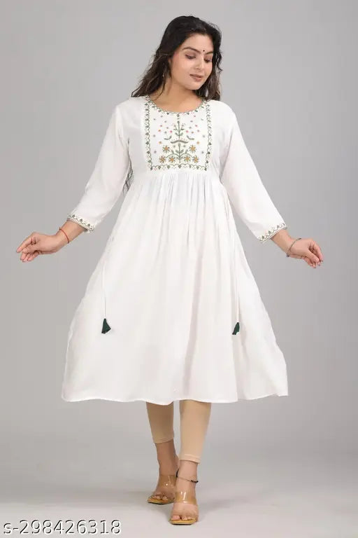 White rayon embroidery, intricate pattern on three-quarter sleeves, women's fashion from India