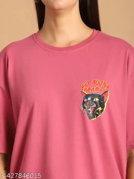 Cotton printed oversize t-shirt for women, short sleeves, graphic print design, XL size (46in bust, 29in length)