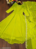 Lime Georgette Western gown, solid-patterned with embroidered dupatta, three-quarter sleeves, lime green color
