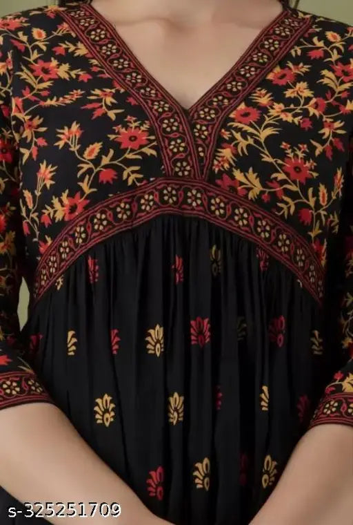 Rayon printed Anarkali kurti, trendy ethnic wear for festive party wear, three-quarter sleeve, India origin