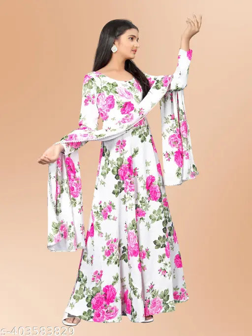 Crinkled Georgette party wear gown for girls with flared silhouette and printed floral design, perfect for special occasions