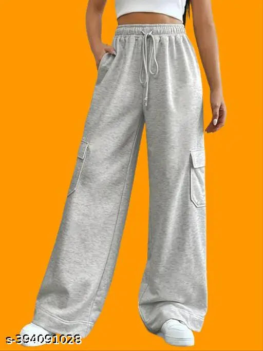 High-waisted cotton blend wide leg sweatpants for women with six pockets, solid color design, made in India
