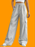 High-waisted cotton blend wide leg sweatpants for women with six pockets, solid color design, made in India