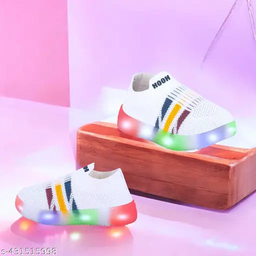 Stylish kids slip-on LED lighting sneakers, waterproof, white canvas and rubber, for daily wear and parties, suitable for boys and girls aged 0-5 years