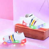 Stylish kids slip-on LED lighting sneakers, waterproof, white canvas and rubber, for daily wear and parties, suitable for boys and girls aged 0-5 years