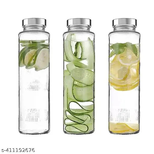 Eco-friendly glass water bottles (3pk) - leak-proof, food-grade, transparent, ideal for fridge milk, smoothies, juice travel, 750ml. Sustainable, secure, pure, fridge-friendly, travel-ready, versatile, easy to clean
