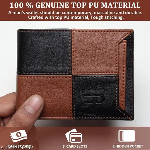 Faux leather/leatherette BI Men's square ATM wallet, colorblock design with 3 card slots, 1 ID holder, and 2 currency compartments. Well-crafted for maximum needs, classy look, free size (11cm x 9cm). Made in India