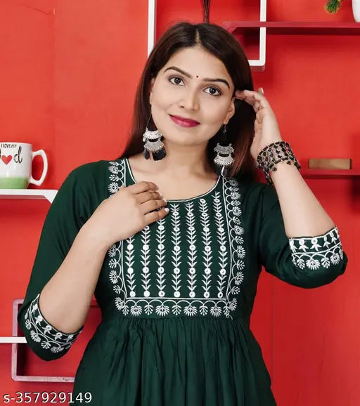 Rayon embroidered kurti with three-quarter sleeves. Indian traditional garment for women's functions and festivities
