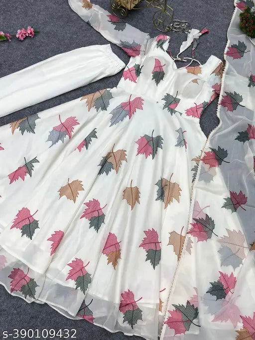 Flower print Georgette long gown with dupatta, Indian bridal wear, full-length, printed net design, size S-XXXL