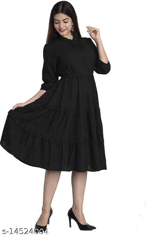 Rayon high-neck flared dress in trendy solid style, ideal for women's fashion, XS-XXL