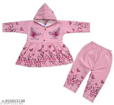 Woolen winter frock & pyjama set for baby girls, solid design best for summer seasons. Soft wool fabric, sizes from 0-3 months to 18-24 months, made in India