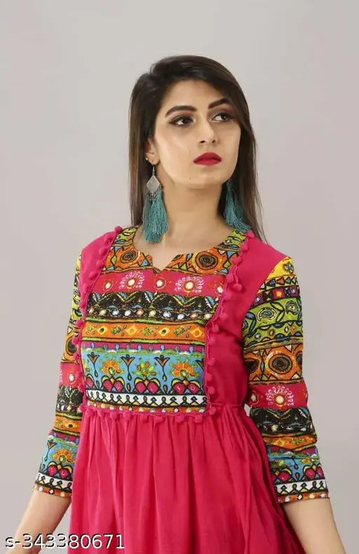 Rayon A-line printed kurti with embroidered pattern, three-quarter sleeves. S (36in bust, 46in length), M (38in bust, 46in length). Indian women's fashion