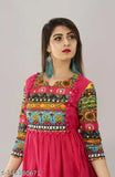 Rayon A-line printed kurti with embroidered pattern, three-quarter sleeves. S (36in bust, 46in length), M (38in bust, 46in length). Indian women's fashion