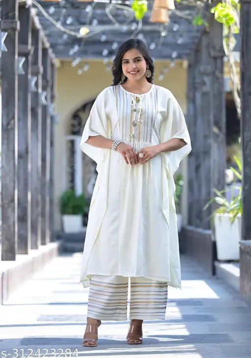 Rayon Kaftan Kurta set for women, printed net design, three-quarter sleeves, palazzo bottoms - Indian designer fashion