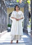 Rayon Kaftan Kurta set for women, printed net design, three-quarter sleeves, palazzo bottoms - Indian designer fashion
