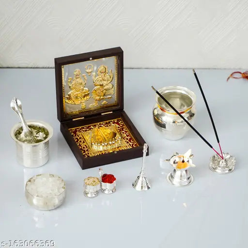 Gold-plated Laxmi Ganesh religious frame, 24K Charan Paduka & silver pooja item, 11.5cm x 1.5cm x 11.5cm, Indian origin