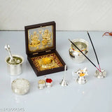 Gold-plated Laxmi Ganesh religious frame, 24K Charan Paduka & silver pooja item, 11.5cm x 1.5cm x 11.5cm, Indian origin