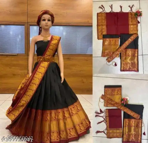 South Indian traditional art silk lehenga, sleeveless with zari stitch details, for little girls' special occasions