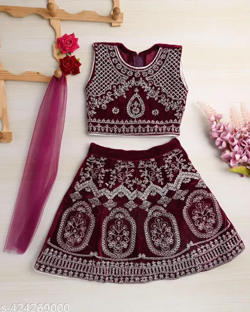 Taffeta silk girls lahanga, embroidered with stitched net. Sleeveless, available in sizes from 12-18 months to 7-8 years. Indian handcrafted traditional wear