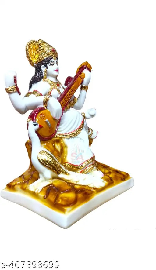 Marble Saraswati idol, intricately detailed, 4"x6"x3.5", Indian artisanal showpiece for Pooja Mandir or home decor