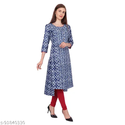 Blue printed cotton straight kurti for women, three-quarter sleeves, S (36in bust, 45in length), India origin