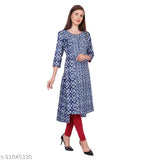 Blue printed cotton straight kurti for women, three-quarter sleeves, S (36in bust, 45in length), India origin