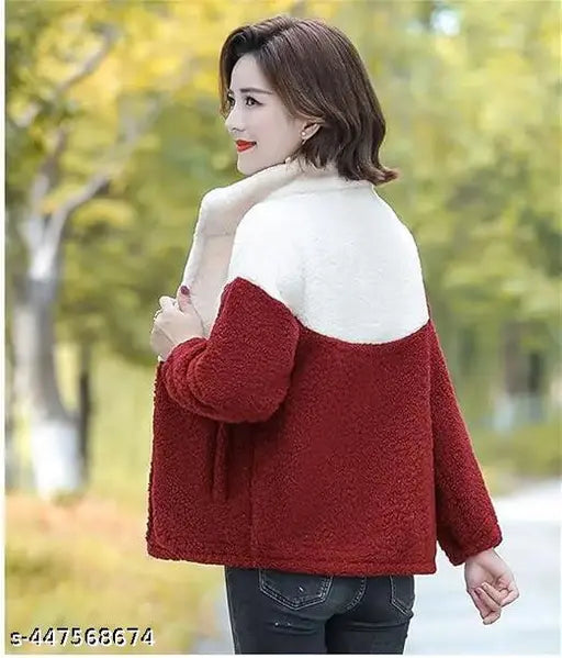 Red wool colorblocked MMM jacket LE on mannequin, long sleeve style with 1 available size (S: 36in bust, 25in length, 25in waist, 38in hip, 15in shoulder)