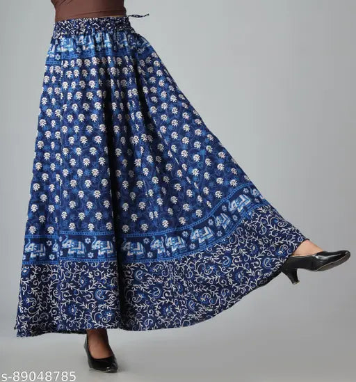 Gorgeous blue printed cotton maxi skirt, flared style with elastic waistband and drawstring closure. Available in sizes 24, 38, 40, 42, 44, Free Size (Waist Size: 36 in), Length Size: 39 in. Handcrafted Jaipuri design from India