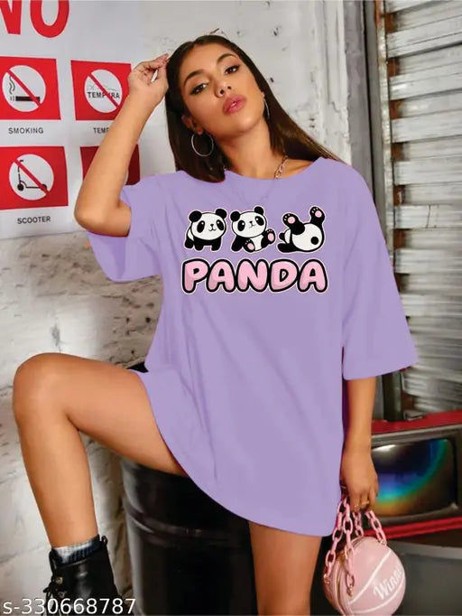Lavender polycotton off-shoulder panda print oversized tee for women, three-quarter sleeves fashion