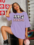 Lavender polycotton off-shoulder panda print oversized tee for women, three-quarter sleeves fashion