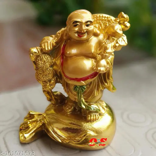 Brass Feng Shui Laughing Buddha sitting on dragon, Indian decorative showpiece for good luck and prosperity