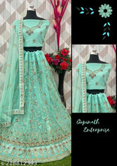 Beautiful sea green embroidered zari work lehenga, choli, and dupatta set. High-quality net fabric. Perfect for regular occasions or festivals