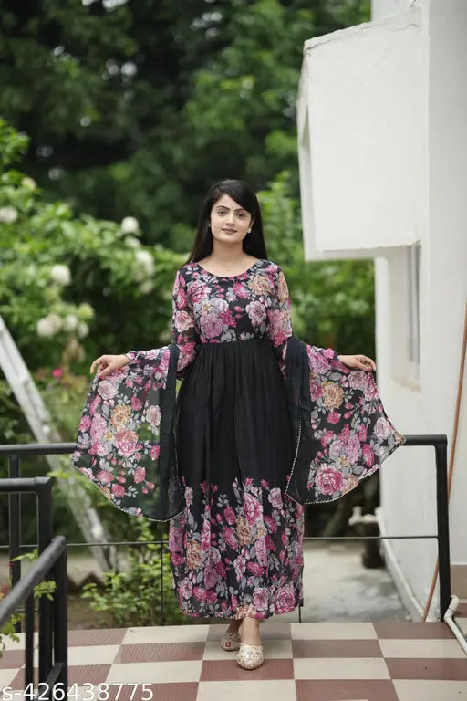 Trendy elegant black Georgette printed gown set with dupatta, Indian handcrafted long-sleeved evening wear