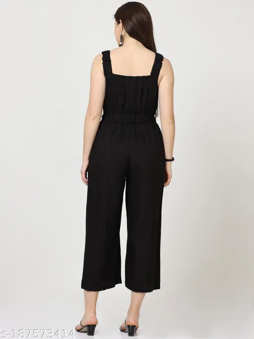 Black cotton blend sleeveless maxi jumpsuit, comfortable and breathable women's fashion for various occasions, solid color on model