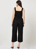 Black cotton blend sleeveless maxi jumpsuit, comfortable and breathable women's fashion for various occasions, solid color on model
