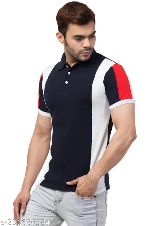 Colorblocked cotton polo neck tee for men, short sleeves on display