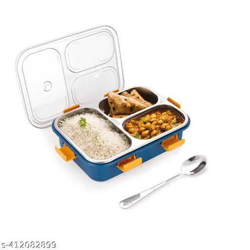 Blue stainless steel lunch box with three compartments, leak-proof design, and included cutlery - ideal for office, school, or travel use