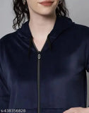 Navy blue velvet chain hoodie for girls, solid pattern, long sleeves, stylish winter crop jacket