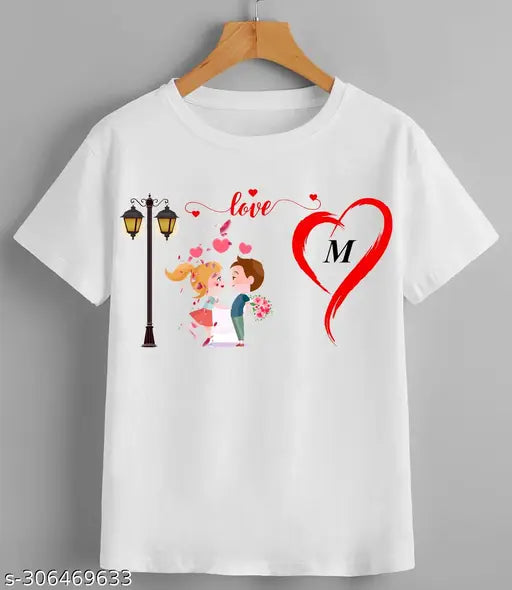 Polyester round neck love my lifeline couple t-shirt featuring I LOVE YOU letters, alphabets, and heart tree design in various sizes
