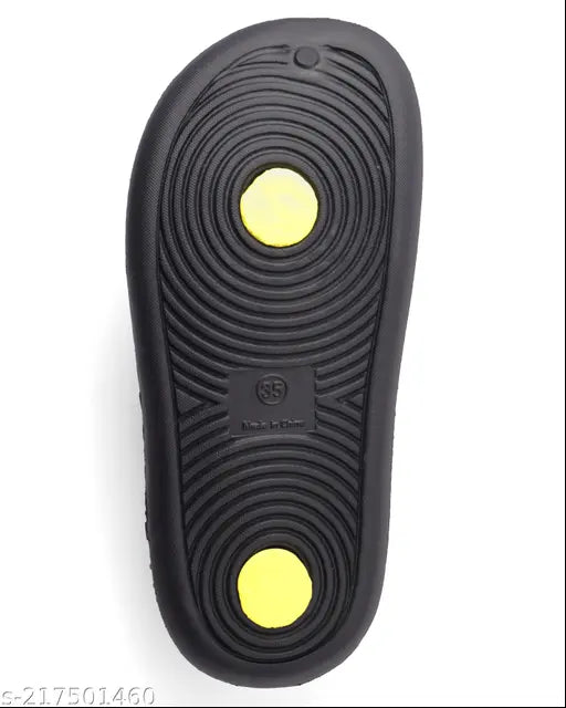 Black and yellow EVA slippers for kids: solid net pattern, sizes range from 2-14 years