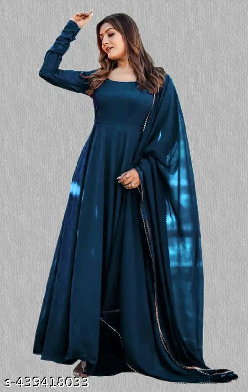 Georgette gown with dupatta, solid net, long sleeves, full-stitched, high-quality women's dress from India (size S to XXXL)