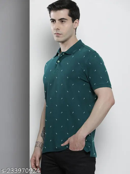 Men's cotton blend half sleeve polo t-shirt with merriment print, short sleeves, M size (40in chest, 27.5in length)