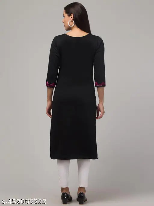 Woolen embroidered kurti, three-quarter sleeves, handcrafted Indian wool