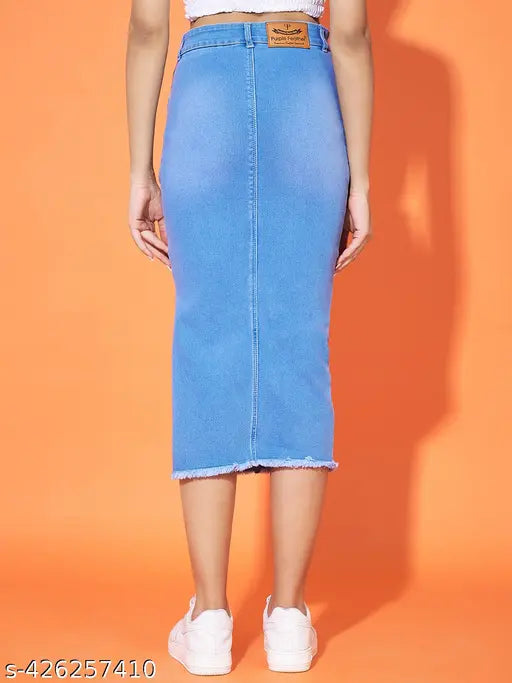 Denim washed cotton blend long side slit skirt, stretchable and solid pattern, available in sizes 24-34 inches waist, 30-36/34-40 inches hip, from India