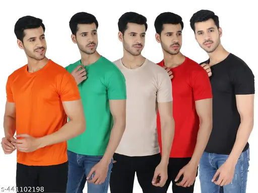 Solid polyester round neck t-shirts pack of 5 for men, ideal for daily wear, workouts, or casual outings - India origin